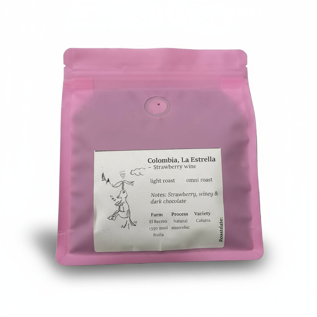 Pink coffee package with a label on a white background
