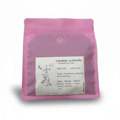 Pink coffee package with a label on a white background