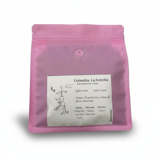 Pink coffee package with a label on a white background