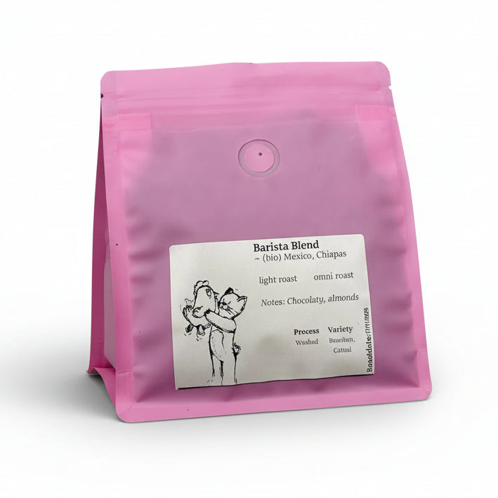 Pink coffee bag with a label on a white background