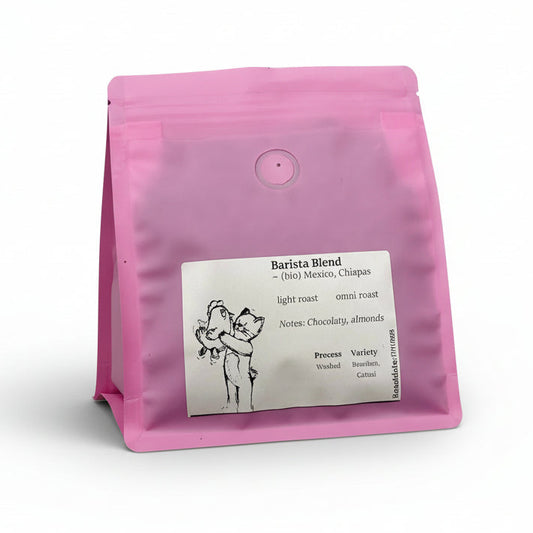 Pink coffee bag with a label on a white background