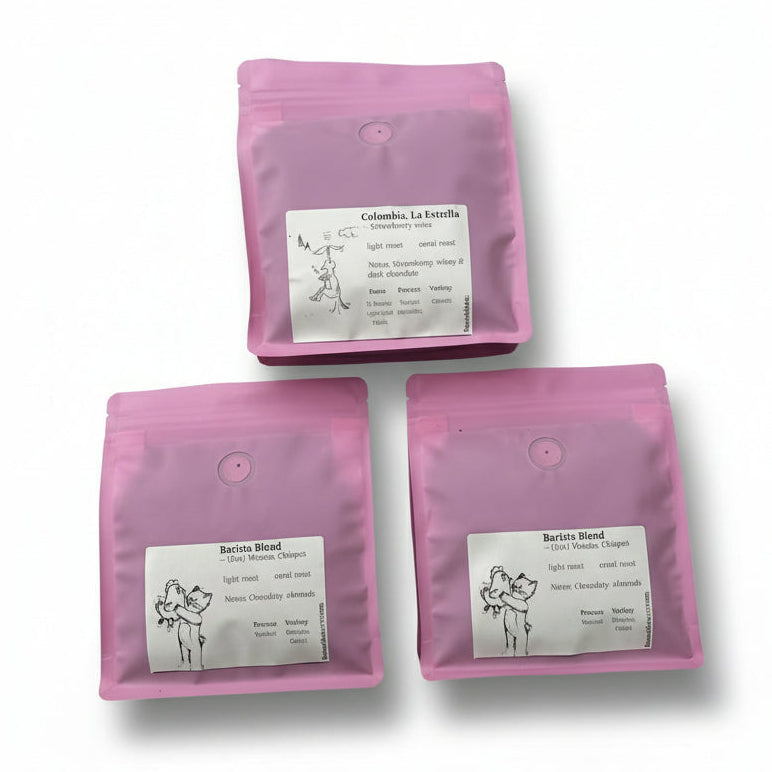 Three pink packages with labels on a white background, coffee deal